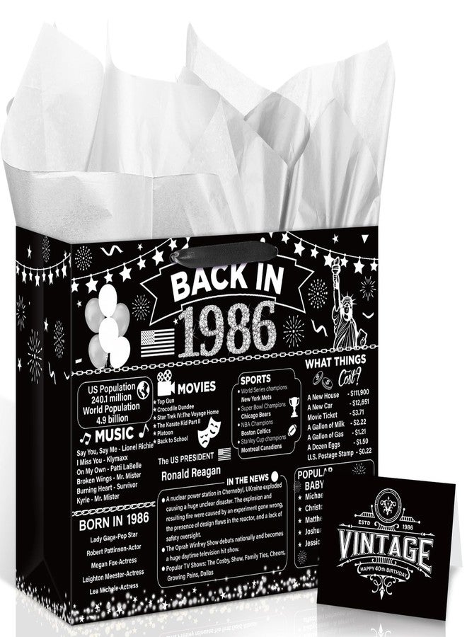 Woosytoo 40th Birthday Gifts Bag Vintage Back in 1986 Gift Bags with Greeting Card Black Silver 40th Birthday Wrapping Paper Bag for Women Man Forty 40 Year Old Bday Party Favors Supplies - Image 1